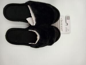 Isotoner Slippers Womens Black Fuzzy Slide Heel Cushion House Shoes Size 6.5
